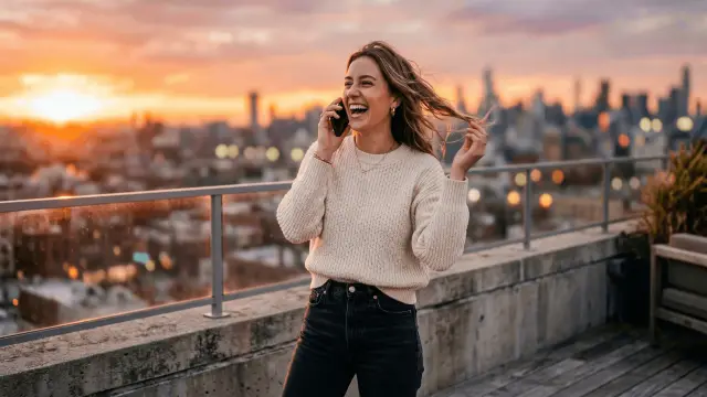 Startup founder taking a phone call on a rooftop at sunset